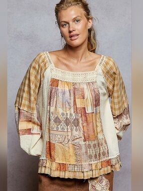 New: POL Mixed Patchwork Wanderlust Woven Dream Peasant Blouse• Large